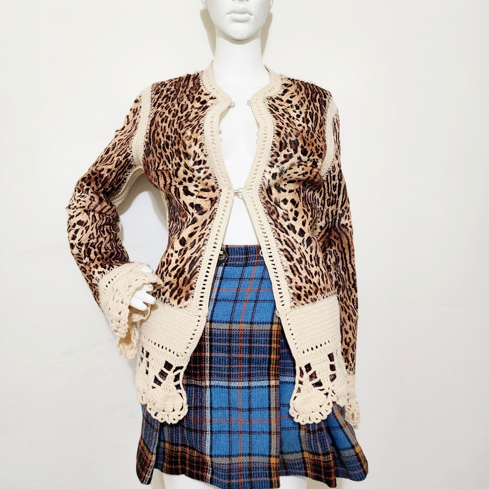 Stunning 2005 Christian Dior Leopard Print Goat Hair Crochet Fur Jacket  42/Sm